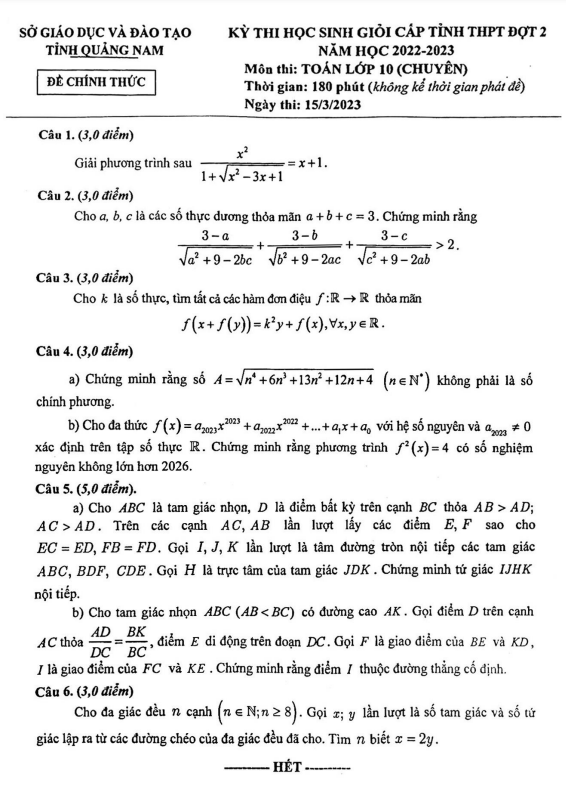 Đề học sinh giỏi tỉnh Toán 10 chuyên đợt 2 năm 2022 2023 sở GD&ĐT Quảng Nam