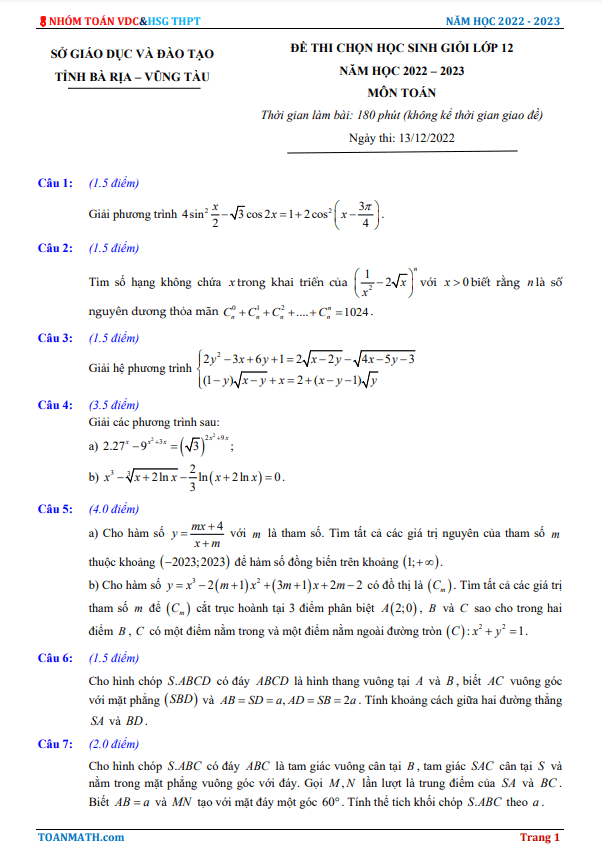 Đề học sinh giỏi tỉnh Toán 12 năm 2022 2023 sở GD&ĐT Bà Rịa Vũng Tàu