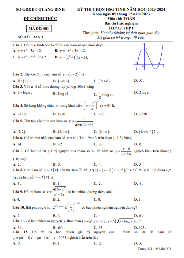 Đề học sinh giỏi tỉnh Toán 12 năm 2023 2024 sở GD&ĐT Quảng Bình