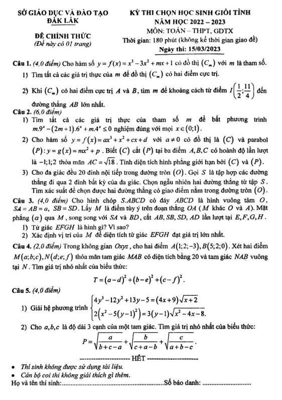 Đề học sinh giỏi tỉnh Toán THPT & GDTX năm 2022 2023 sở GD&ĐT Đắk Lắk