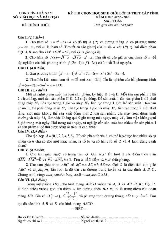Đề học sinh giỏi Toán 10 cấp tỉnh năm 2022 2023 sở GD&ĐT Hà Nam