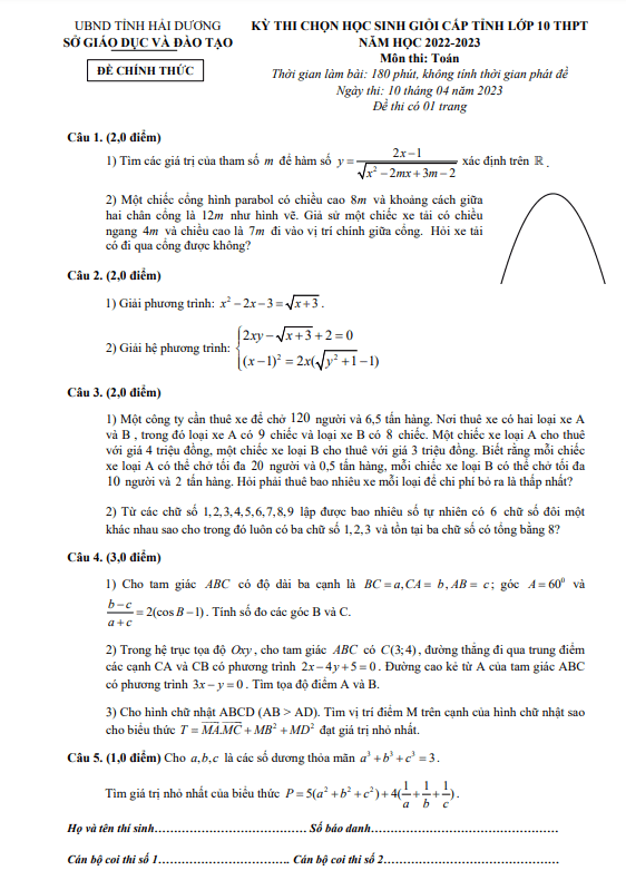 Đề học sinh giỏi Toán 10 cấp tỉnh năm 2022 2023 sở GD&ĐT Hải Dương