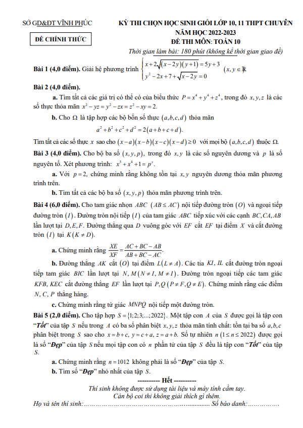 Đề học sinh giỏi Toán 10 chuyên năm 2022 2023 sở GD&ĐT Vĩnh Phúc