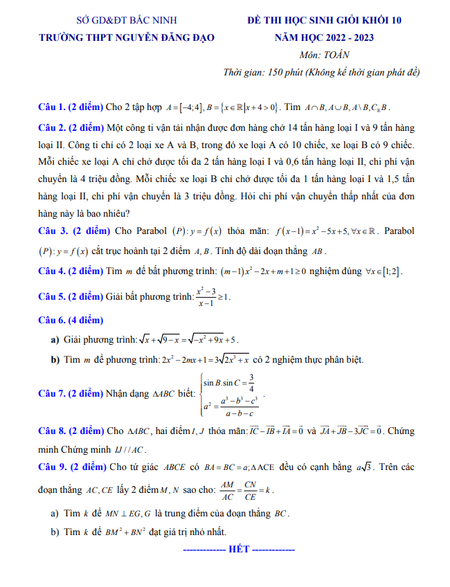 Đề học sinh giỏi Toán 10 năm 2022 2023 trường Nguyễn Đăng Đạo Bắc Ninh