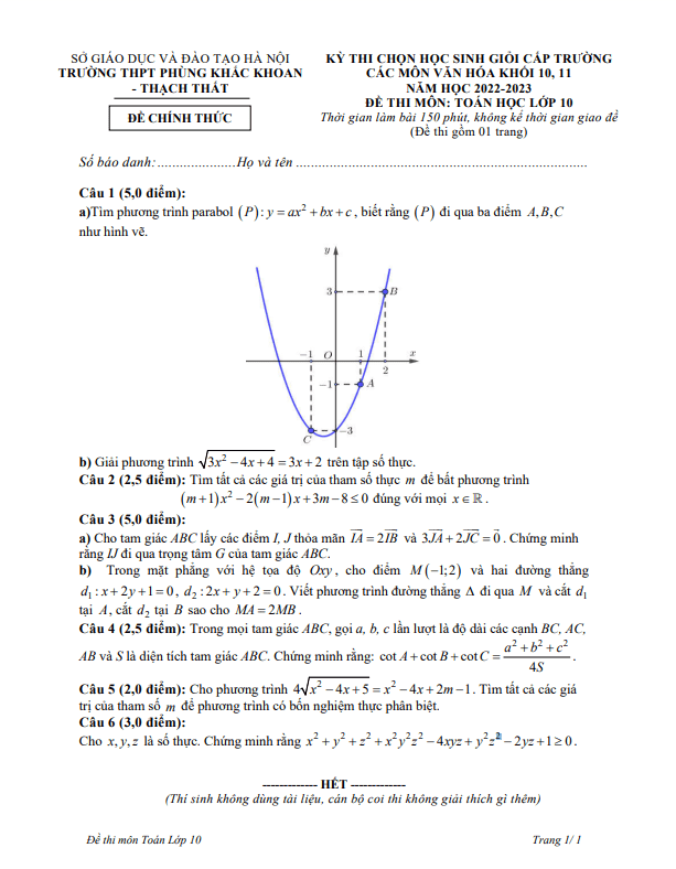 Đề học sinh giỏi Toán 10 năm 2022 2023 trường THPT Phùng Khắc Khoan Hà Nội