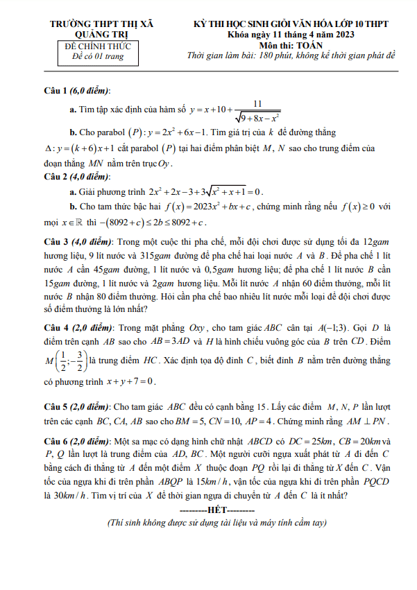 Đề học sinh giỏi Toán 10 năm 2022 2023 trường THPT Thị xã Quảng Trị
