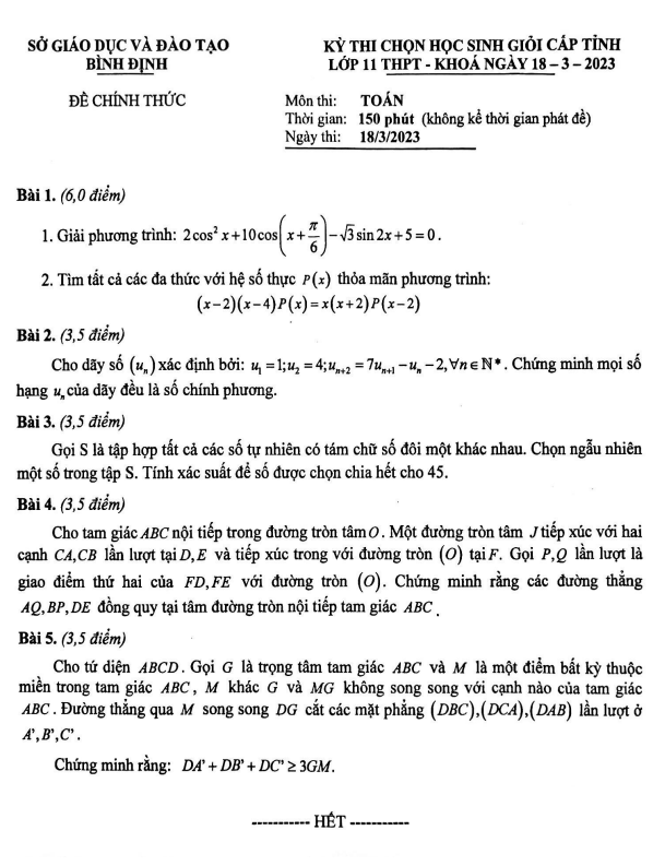 Đề học sinh giỏi Toán 11 cấp tỉnh năm 2022 2023 sở GD&ĐT Bình Định