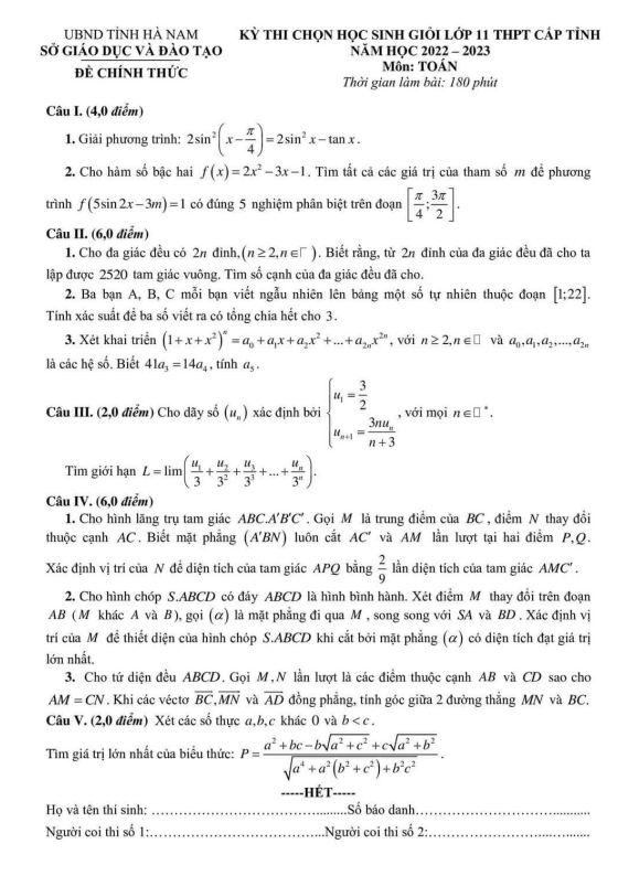Đề học sinh giỏi Toán 11 cấp tỉnh năm 2022 2023 sở GD&ĐT Hà Nam
