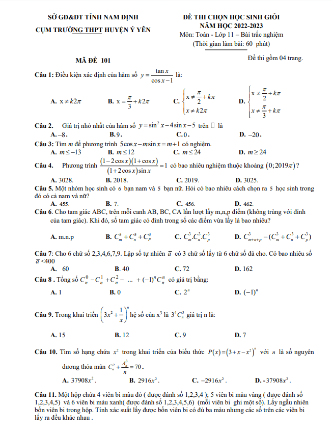 Đề học sinh giỏi Toán 11 năm 2022 2023 cụm THPT huyện Ý Yên Nam Định