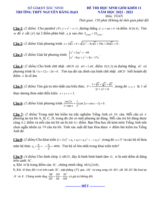 Đề học sinh giỏi Toán 11 năm 2022 2023 trường Nguyễn Đăng Đạo Bắc Ninh