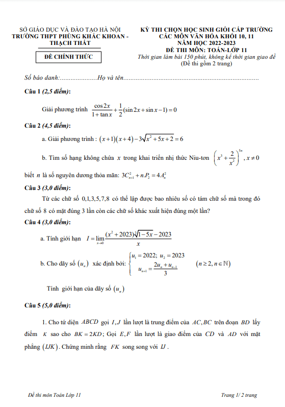 Đề học sinh giỏi Toán 11 năm 2022 2023 trường THPT Phùng Khắc Khoan Hà Nội