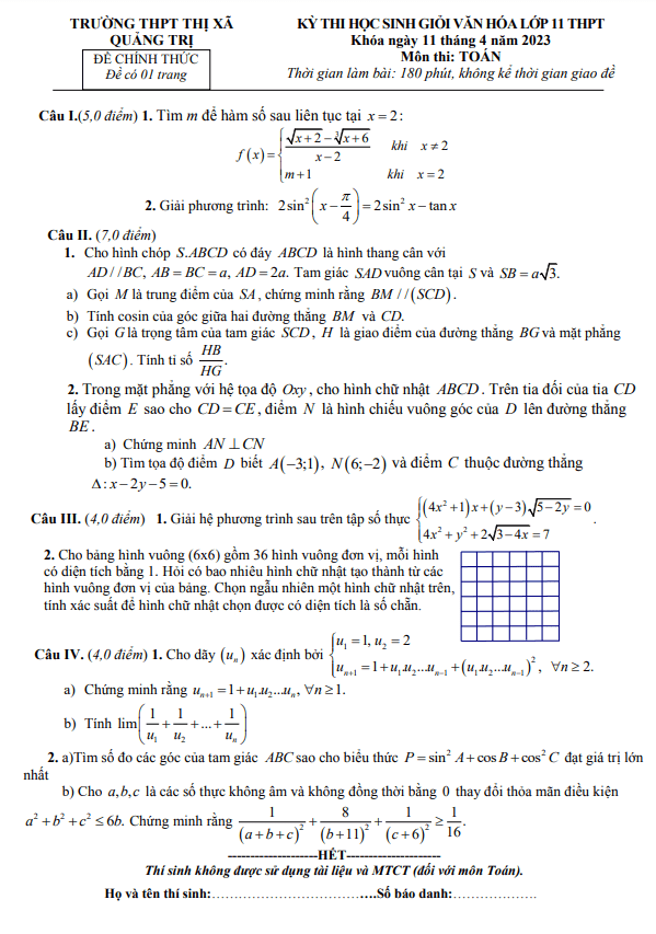 Đề học sinh giỏi Toán 11 năm 2022 2023 trường THPT Thị xã Quảng Trị