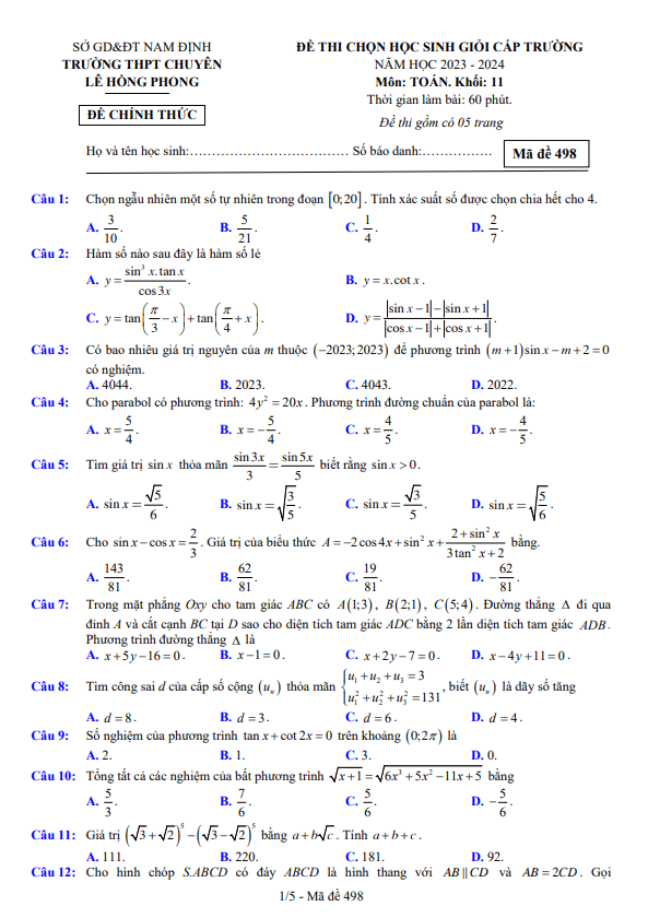 Đề học sinh giỏi Toán 11 năm 2023 2024 trường chuyên Lê Hồng Phong Nam Định