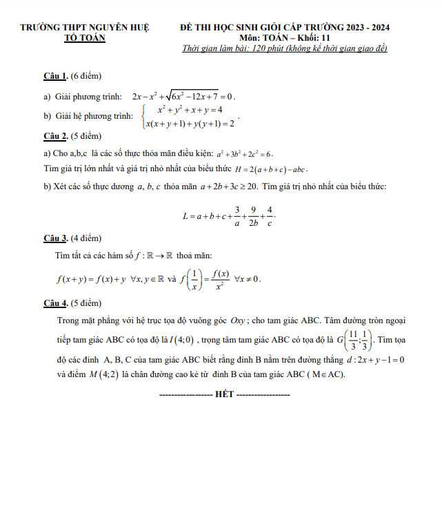 Đề học sinh giỏi Toán 11 năm 2023 2024 trường THPT Nguyễn Huệ Phú Yên