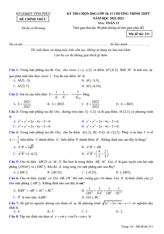 Đề học sinh giỏi Toán 11 THPT năm 2022 2023 sở GD&ĐT Vĩnh Phúc