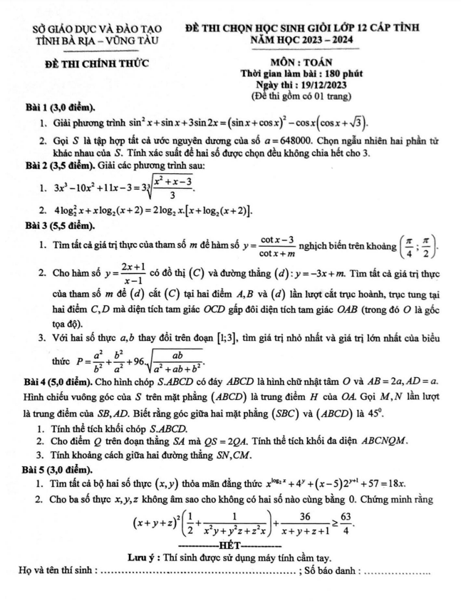 Đề học sinh giỏi Toán 12 cấp tỉnh năm 2023 2024 sở GD&ĐT Bà Rịa Vũng Tàu