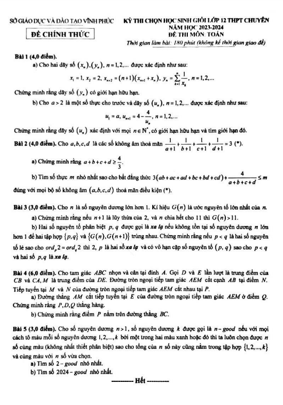 Đề học sinh giỏi Toán 12 chuyên năm 2023 2024 sở GD&ĐT Vĩnh Phúc