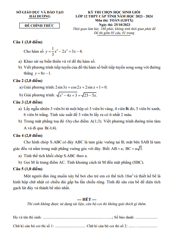 Đề học sinh giỏi Toán 12 GDTX cấp tỉnh năm 2023 2024 sở GD&ĐT Hải Dương