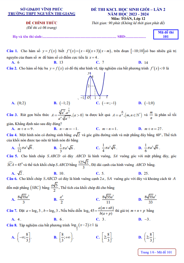 Đề học sinh giỏi Toán 12 lần 2 năm 2023 2024 trường THPT Nguyễn Thị Giang Vĩnh Phúc