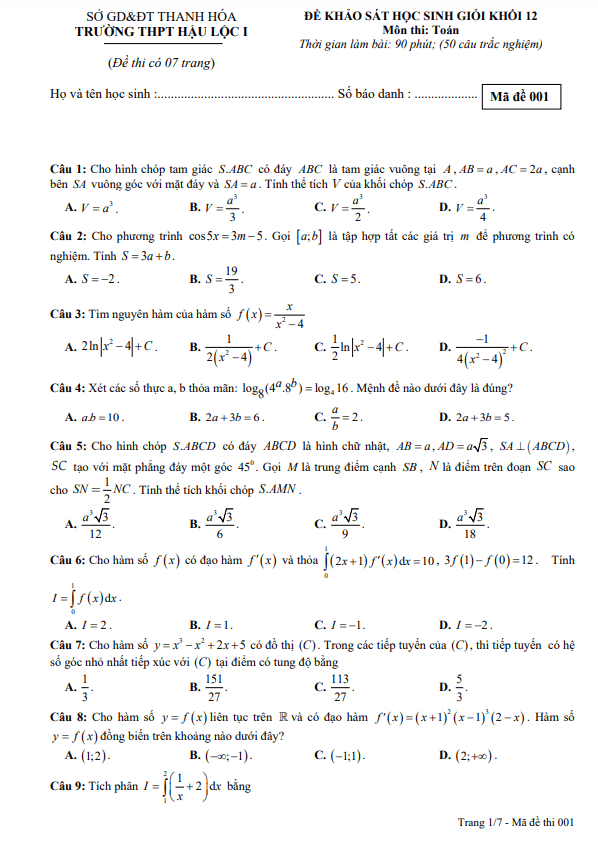 Đề học sinh giỏi Toán 12 năm 2022 2023 trường THPT Hậu Lộc 1 Thanh Hóa