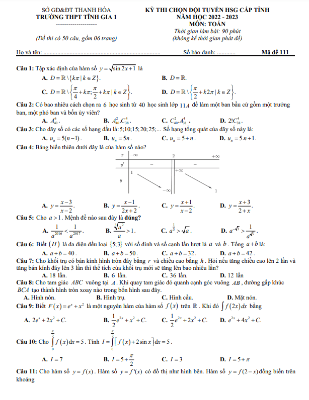 Đề học sinh giỏi Toán 12 năm 2022 2023 trường THPT Tĩnh Gia 1 Thanh Hóa