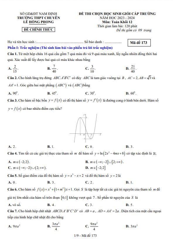 Đề học sinh giỏi Toán 12 năm 2023 2024 trường chuyên Lê Hồng Phong Nam Định