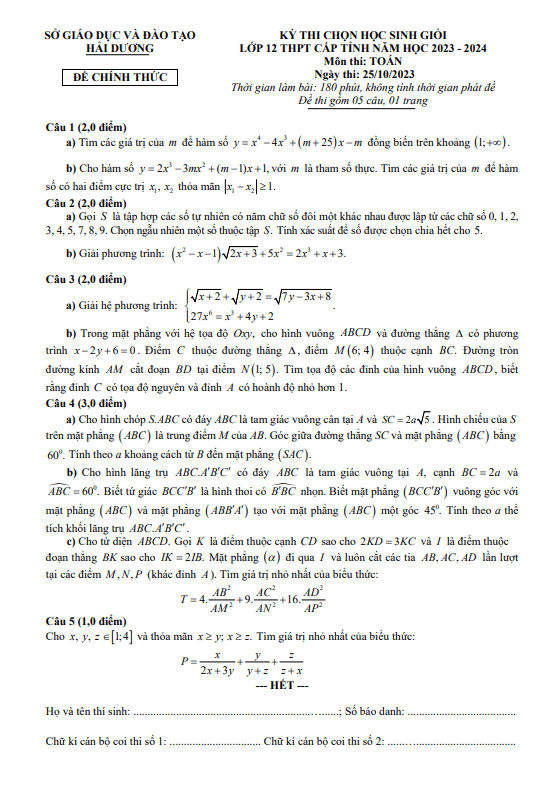 Đề học sinh giỏi Toán 12 THPT cấp tỉnh năm 2023 2024 sở GD&ĐT Hải Dương