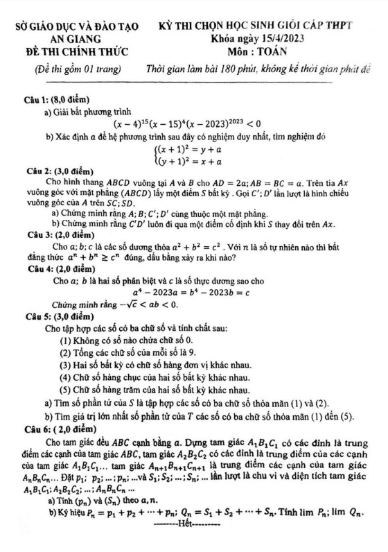 Đề học sinh giỏi Toán cấp THPT năm 2022 2023 sở GD&ĐT An Giang