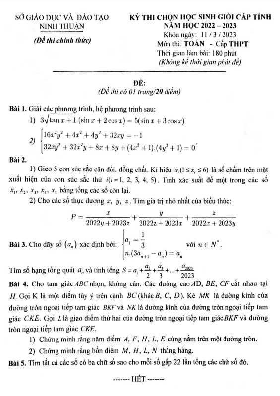 Đề học sinh giỏi Toán THPT cấp tỉnh năm 2022 – 2023 sở GD&ĐT Ninh Thuận