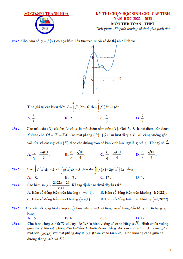 Đề học sinh giỏi Toán THPT cấp tỉnh năm 2022 2023 sở GD&ĐT Thanh Hóa