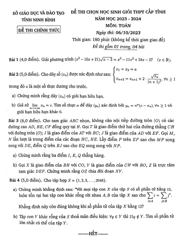 Đề học sinh giỏi Toán THPT cấp tỉnh năm 2023 2024 sở GD&ĐT Ninh Bình