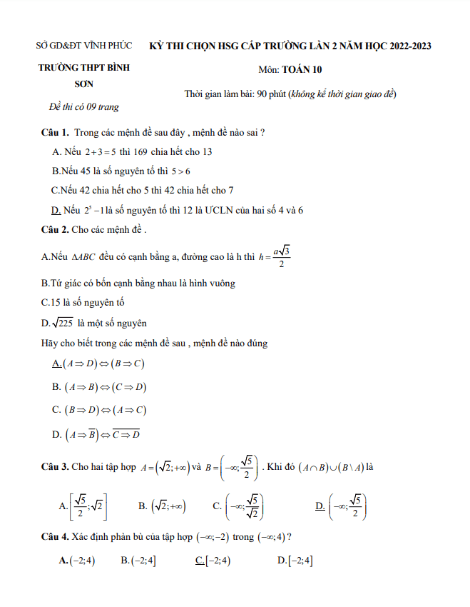 Đề HSG cấp trường Toán 10 lần 2 năm 2022 2023 trường THPT Bình Sơn Vĩnh Phúc