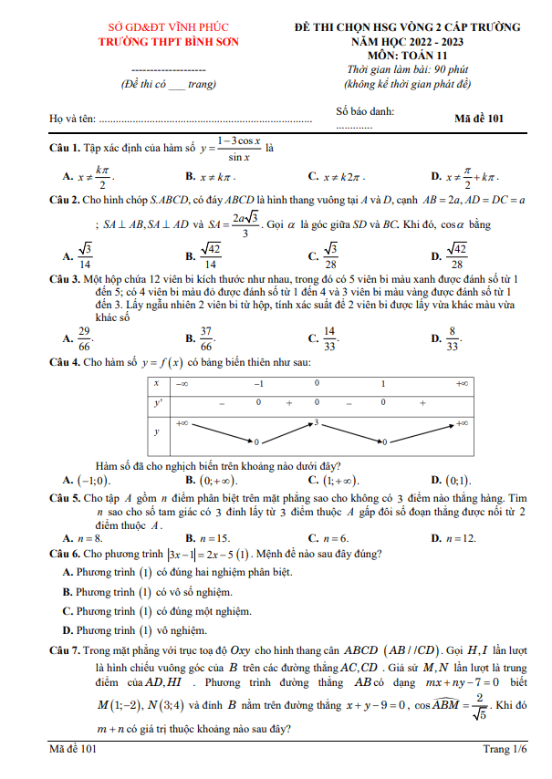 Đề HSG cấp trường Toán 11 vòng 2 năm 2022 2023 trường THPT Bình Sơn Vĩnh Phúc