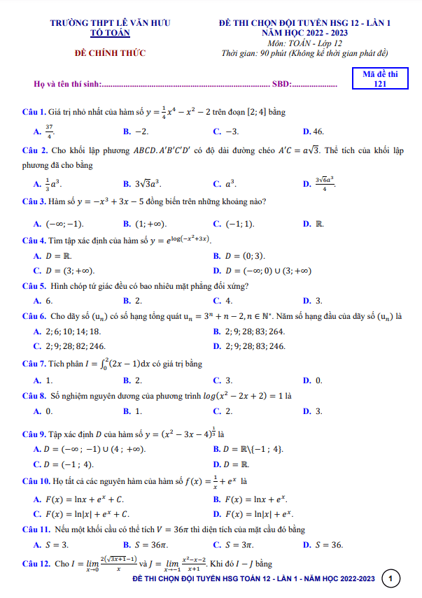 Đề HSG lần 1 Toán 12 năm 2022 2023 trường THPT Lê Văn Hưu Thanh Hóa