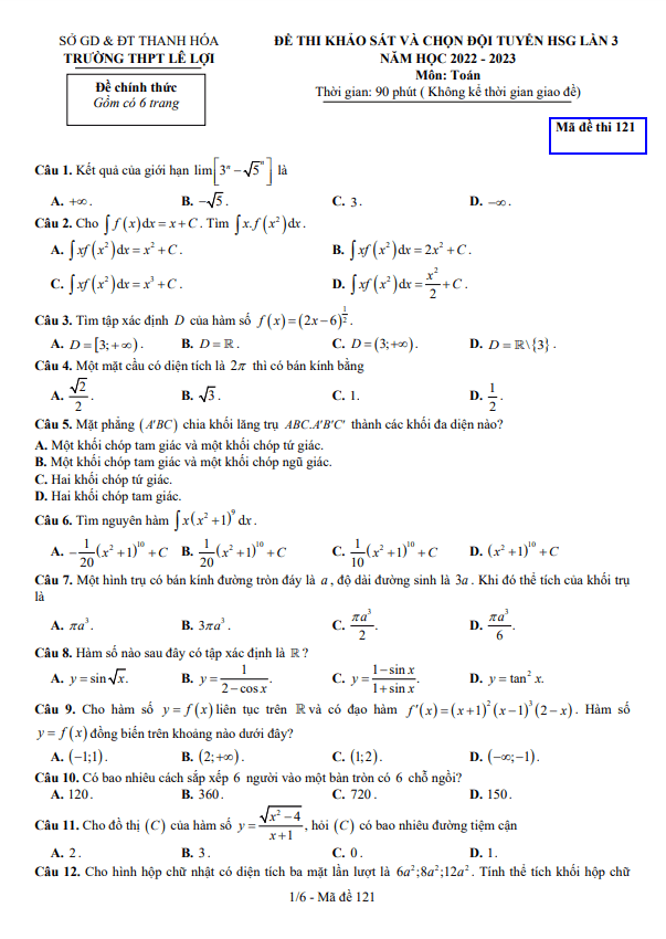 Đề HSG lần 3 Toán 12 năm 2022 2023 trường THPT Lê Lợi Thanh Hóa