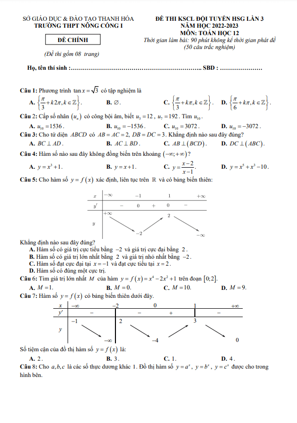 Đề HSG lần 3 Toán 12 năm 2022 2023 trường THPT Nông Cống 1 Thanh Hóa