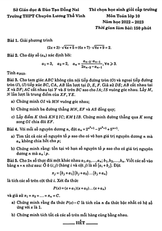 Đề HSG Toán 10 năm 2022 2023 trường chuyên Lương Thế Vinh Đồng Nai