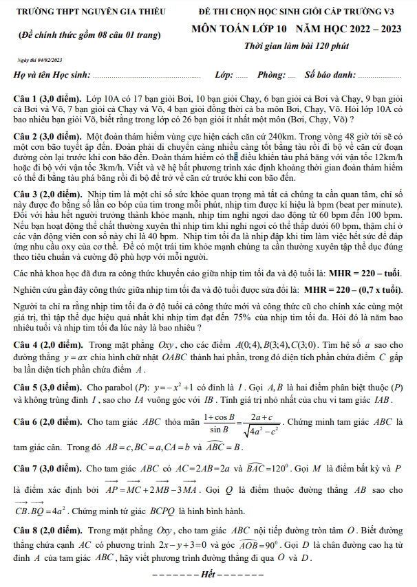 Đề HSG Toán 10 vòng 3 năm 2022 2023 trường THPT Nguyễn Gia Thiều Hà Nội