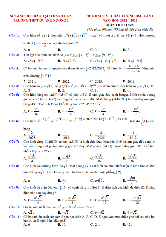 Đề HSG Toán 12 lần 1 năm 2022 2023 trường THPT Quảng Xương 2 Thanh Hóa