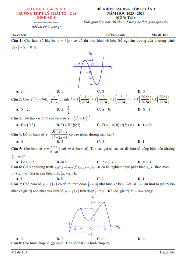 Đề HSG Toán 12 lần 1 năm 2023 2024 THPT Lý Thái Tổ & Gia Bình 1 Bắc Ninh