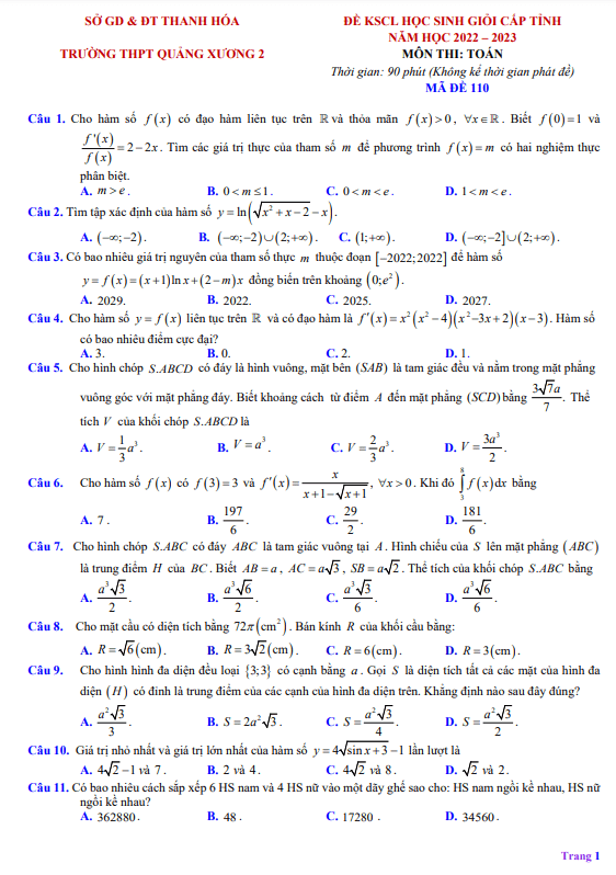 Đề HSG Toán 12 lần 2 năm 2022 2023 trường THPT Quảng Xương 2 Thanh Hóa