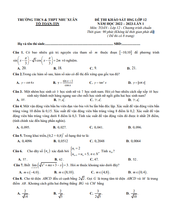 Đề HSG Toán 12 năm 2022 2023 lần 1 trường THCS & THPT Như Xuân Thanh Hóa