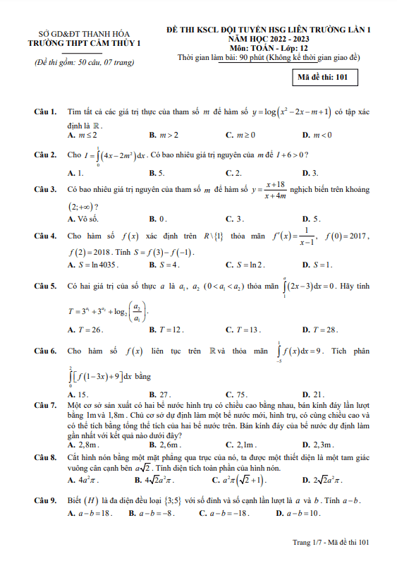 Đề HSG Toán 12 năm 2022 2023 lần 1 trường THPT Cẩm Thủy 1 Thanh Hóa