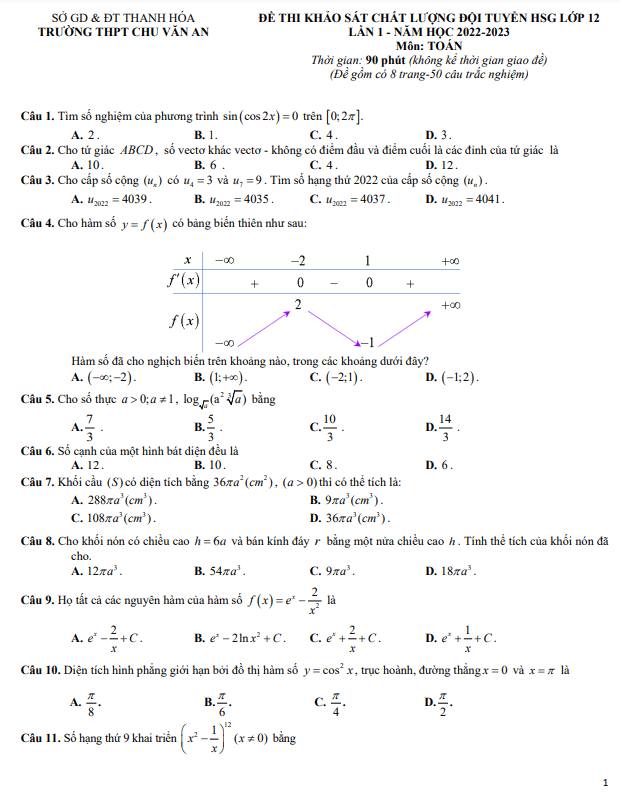 Đề HSG Toán 12 năm 2022 2023 lần 1 trường THPT Chu Văn An Thanh Hóa