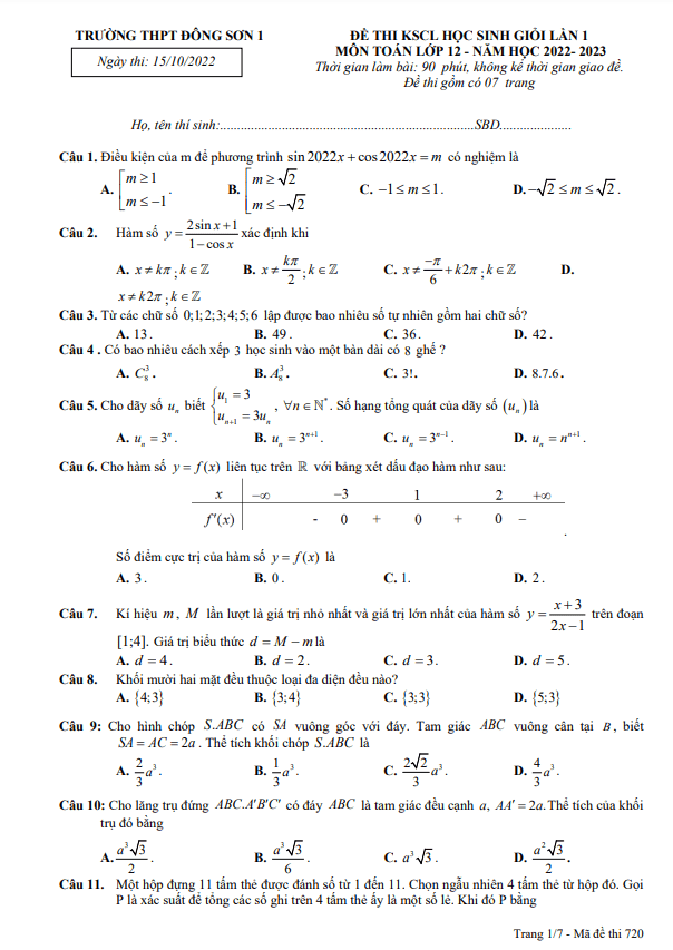 Đề HSG Toán 12 năm 2022 2023 lần 1 trường THPT Đông Sơn 1 Thanh Hóa