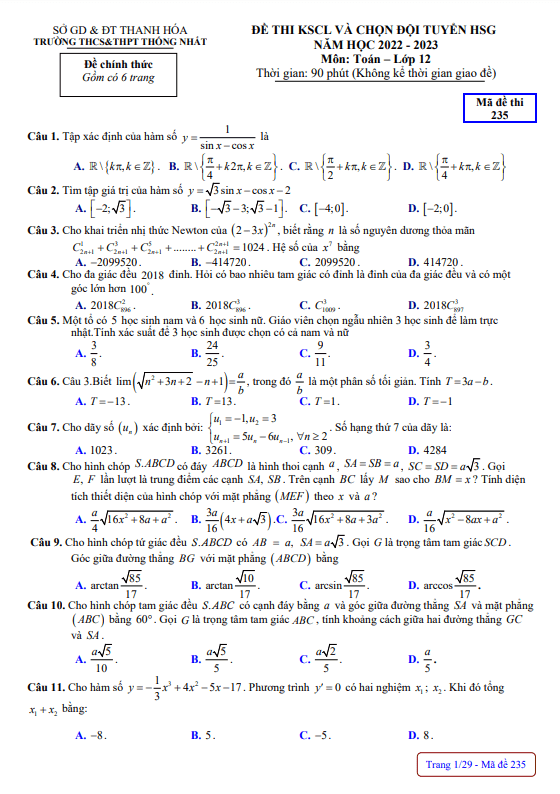 Đề HSG Toán 12 năm 2022 2023 trường THCS & THPT Thống Nhất Thanh Hóa