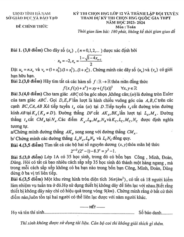 Đề HSG Toán 12 và lập đội tuyển thi HSG QG năm 2023 2024 sở GD&ĐT Hà Nam
