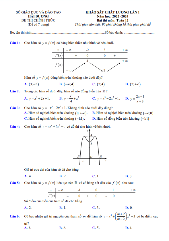 Đề khảo sát chất lượng lần 1 Toán 12 năm 2023 2024 sở GD&ĐT Hải Dương