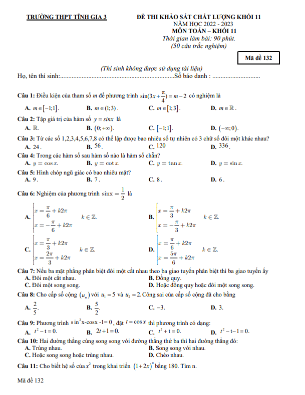 Đề khảo sát chất lượng Toán 11 năm 2022 2023 trường Tĩnh Gia 3 Thanh Hóa