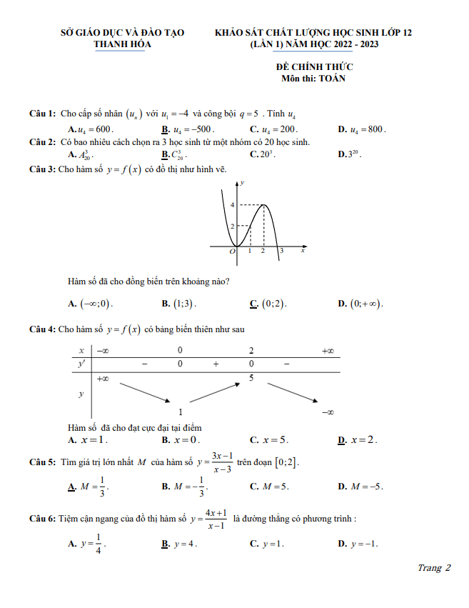Đề khảo sát chất lượng Toán 12 lần 1 năm 2022 2023 sở GD&ĐT Thanh Hóa